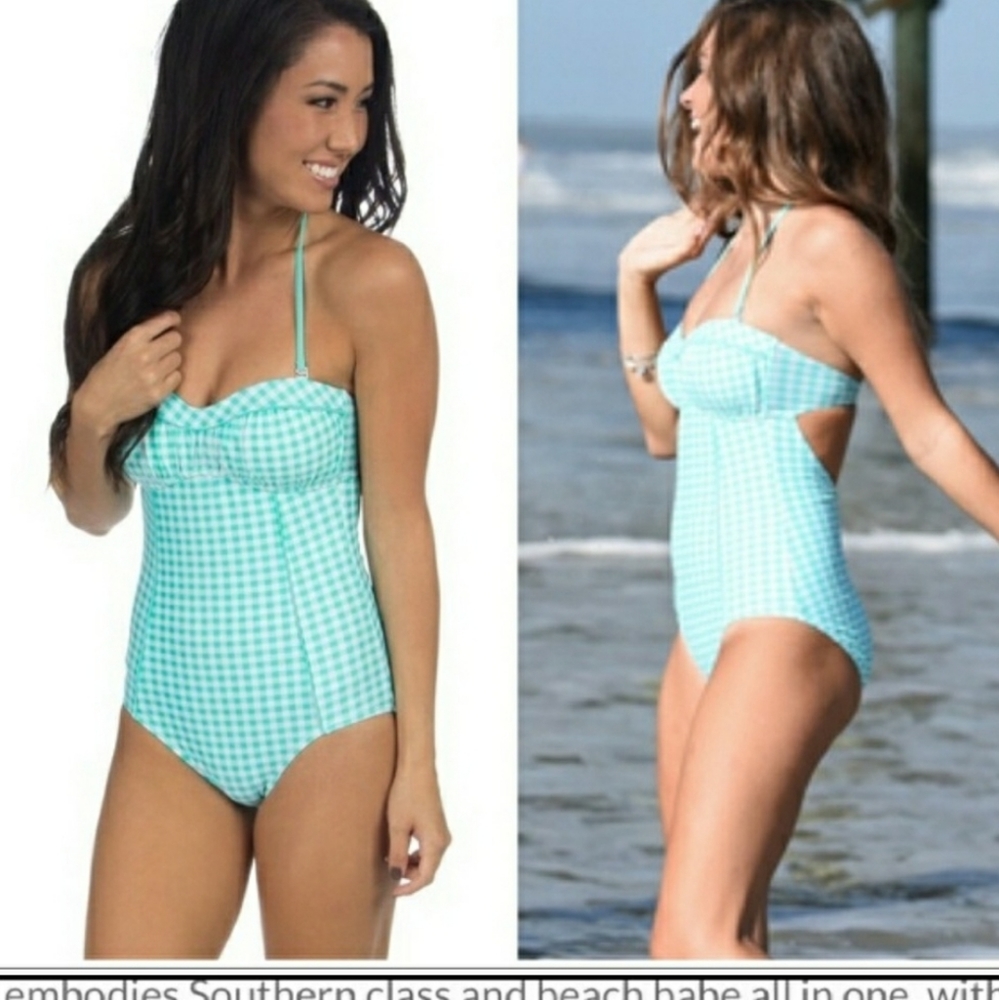 Lauren James aqua gingham checked versatile 1 piece swimsuit SZ Small